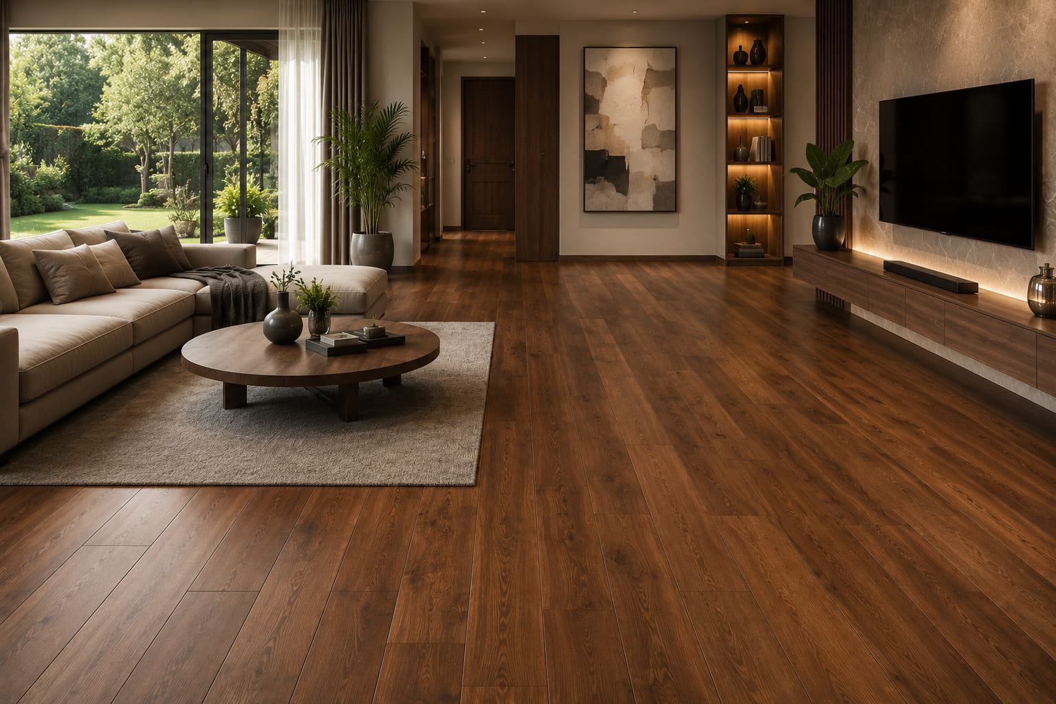 Professional flooring installer working on a wooden floor