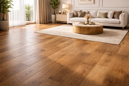 Professional flooring installer working on a wooden floor